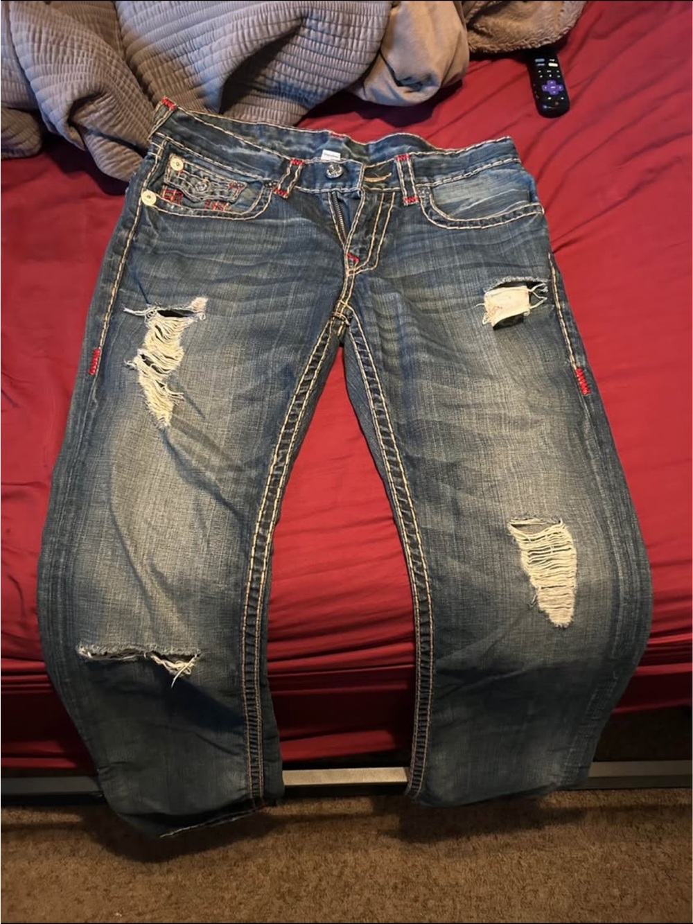 True Religion Blue Denim Jeans with Red Stitching